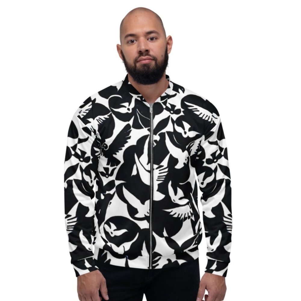 Pigeons in White and Black Pattern Unisex Bomber Jackets.